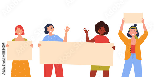 Teenagers showing posters. Collection of young women standing and holding blank banner. Female protesters or activists. Political meeting and protest. Vector trendy illustration.