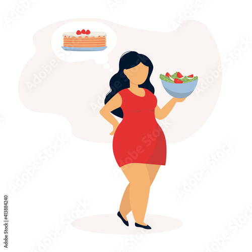 Plump girl in a red dress is carrying a plate of salad and vegetables, thinking about cake, about sweets. The concept of a bodypositive, a day without diets, proper nutrition. Vector graphics