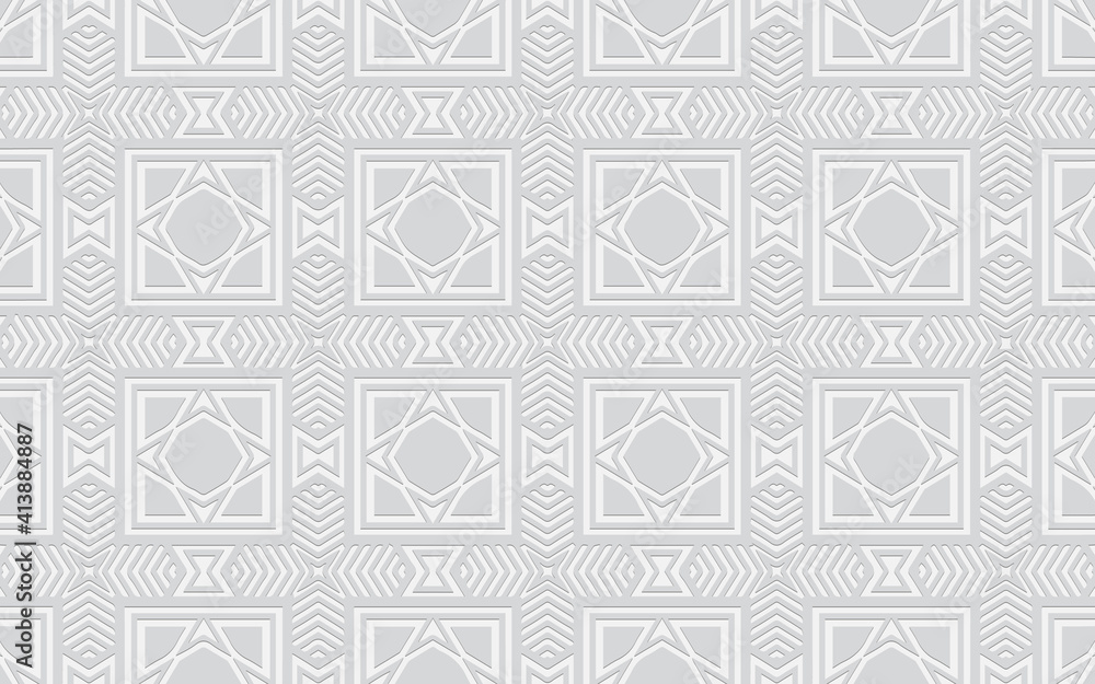Ethnic white geometric convex volumetric wallpaper from a 3D pattern. Embossed background in African style. Texture for presentations, websites. Ethnic white geometric convex volumetric wallpaper from a 3D pattern. Embossed background in African style. Texture for presentations, websites.