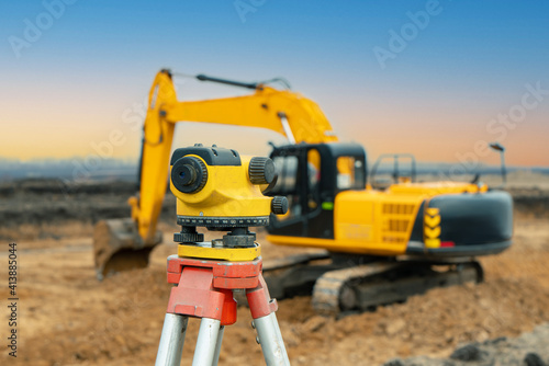 Surveyor equipment tacheometer or theodolite outdoors at construction site