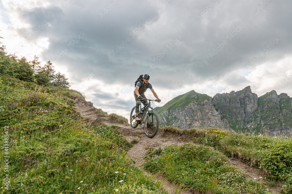 Fototapeta premium Mountain Biking Single track in the col de Coux, Switzerland 