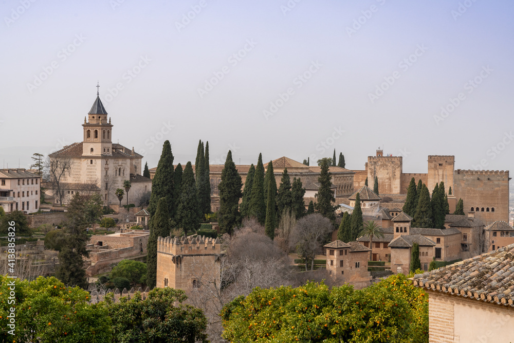 view of the Alhambra Palaces above Granada in Andalusia