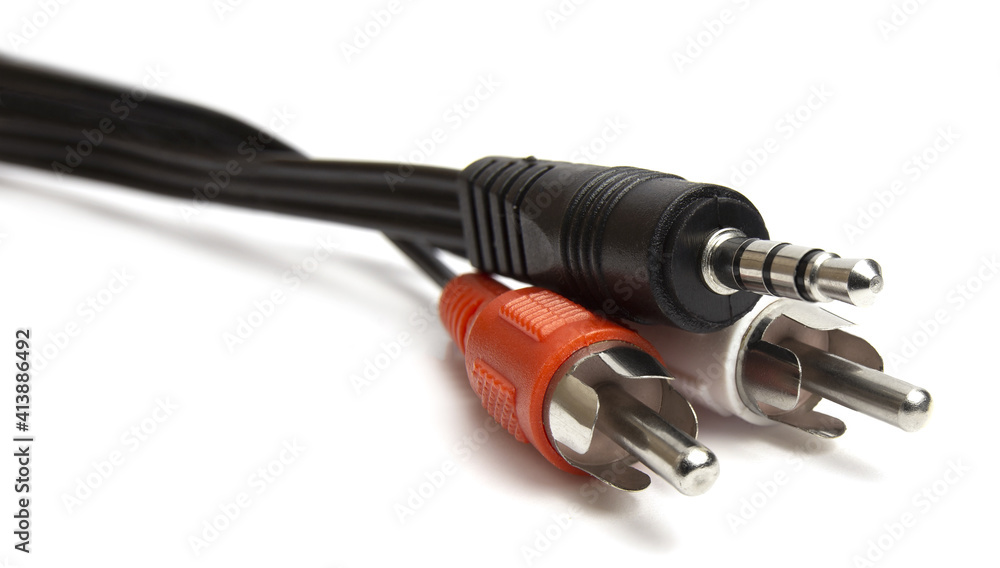 Isolated wire ends on a clear background.audio video cables RCA Connectors on a white background for excellent sound or sound transmission, audio cable for excellent sound quality .white-red bell Isolated wire ends on a clear background.audio video cables RCA Connectors on a white background for excellent sound or sound transmission, audio cable for excellent sound quality .white-red bell