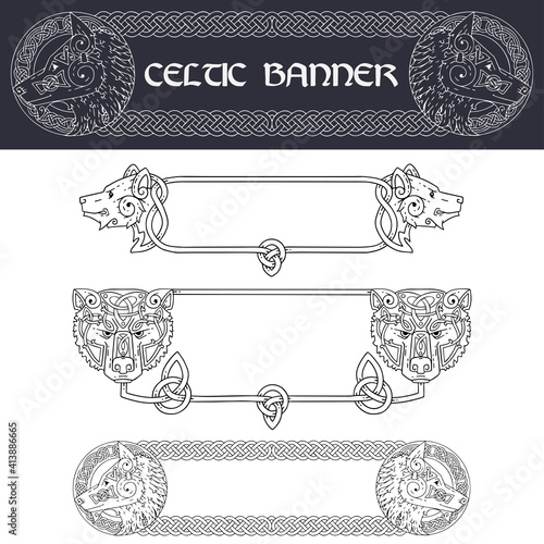 Set of banners in Celtic style.Banners with animal muzzle.