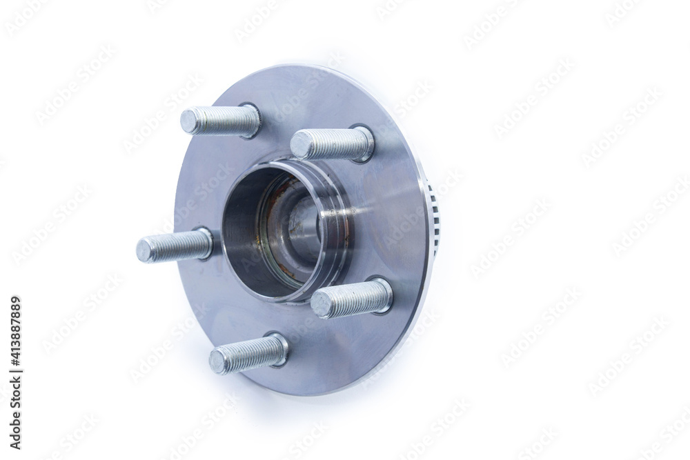 new car wheel hub with abs ring on white isolated background new car wheel hub with abs ring on white isolated background