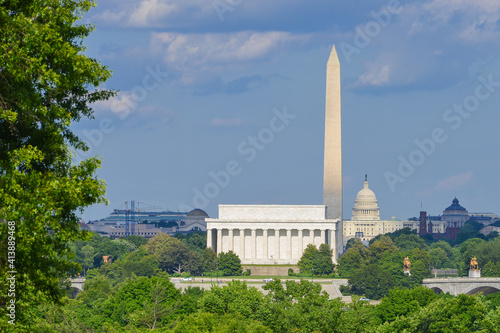 City monuments including Lincoln Memorial and Washington monument and capitol building i cloudy day - Washington D.C. United States of America