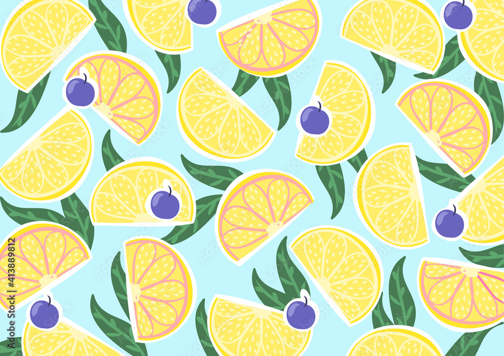 Bright yellow pattern of lemons with berries and green leaves Bright yellow pattern of lemons with berries and green leaves