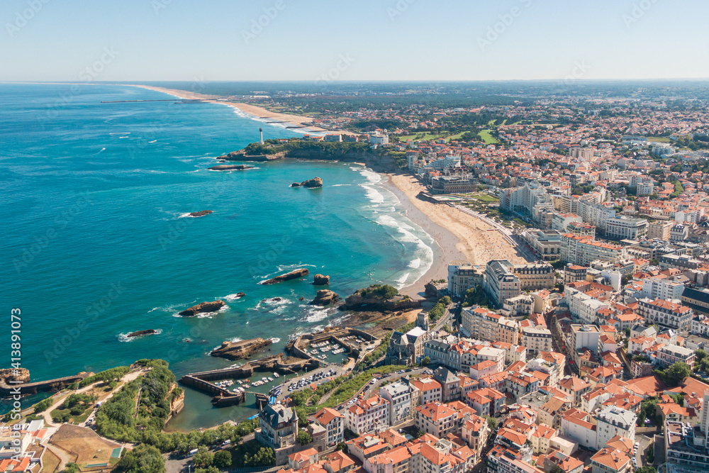 Aerial view of Biarritz in summer, Basque country, France - obrazy, fototapety, plakaty 