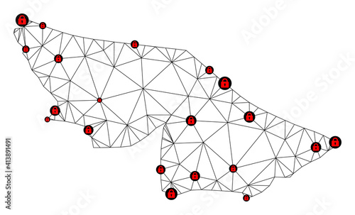 Polygonal mesh lockdown map of Acre State. Abstract mesh lines and locks form map of Acre State. Vector wire frame 2D polygonal line network in black color with red locks.