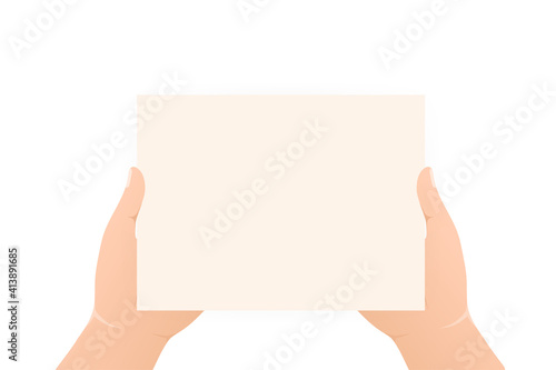 Hands with empty placard. Flat character. Vector flat design. Poster banner design. Female hand. Game sign.