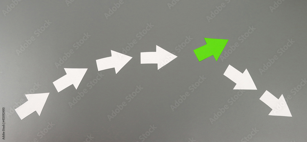Green arrow changing direction. The concept of new ideas, business, startup, leadership. Horizontal banner Green arrow changing direction. The concept of new ideas, business, startup, leadership. Horizontal banner