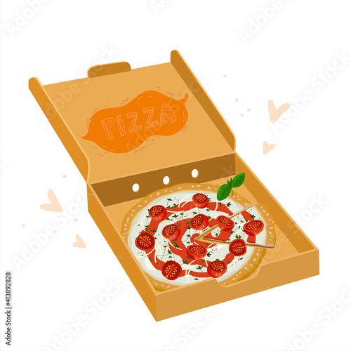 Pizza margherita in open cardboard delivery box. Classic Italian tomatoes pizza with cutted slice. Vegetarian margarita, good for promo food delivery service. Vector illustration isolated on white