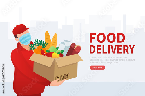 Flat banner with delivery service. Delivery service. Food delivery service. Vector illustration.