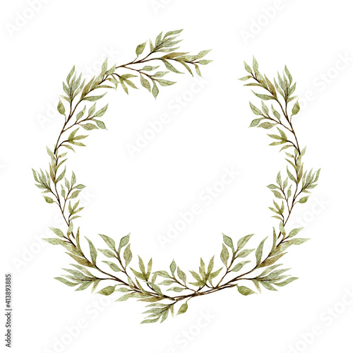 Watercolor eucalyptus wreath  garland. Wedding eucalyptus design frame  circle logo. Rustic greenery. Mint  blue tones. Hand painted branch   leaves isolated on white background  trendy branding