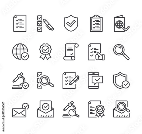 Check testing examination tick approve checkmark. Flat lined thin isolated icon set