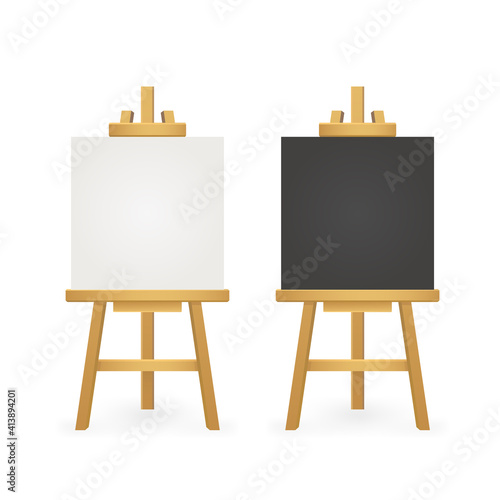 White easel on white background. Watercolor mockup on black backdrop. Brush painting. Vector paint.
