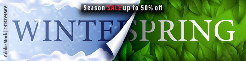 Season sale banner. The calendar page turns over and spring begins. Background with snow and snowflakes turning into blossoming green leaves. Winter is over, spring has begun. Vector illustration.