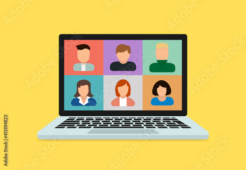 Stay and work from home. Video conference chat illustration. Stream, web chatting, meeting friends online. Workplace, laptop screen, group of people talking by internet. Video communication