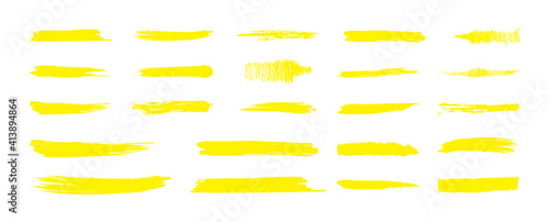 Highlight Marker yellow line. Marker color stroke, brush pen hand drawn underline. Highlight strokes isolated on white background. Vector illustration