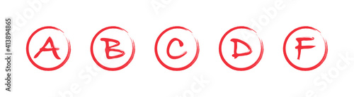 Assessment results. Hand drawn school or college exam results. Class grades with circles red on white background. Vector illustration.
