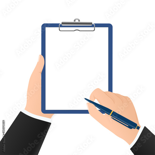 Flat signature hand with pen for paper design. Isolated flat vector illustration.