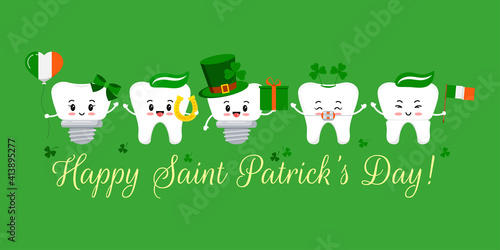 St Patrick day tooth with braces, implant and crown. Dental teeth irish character leprechaun hat with clover, glasses. horseshoe, gift, flag on dentist greeting card. Flat cartoon vector illustration.