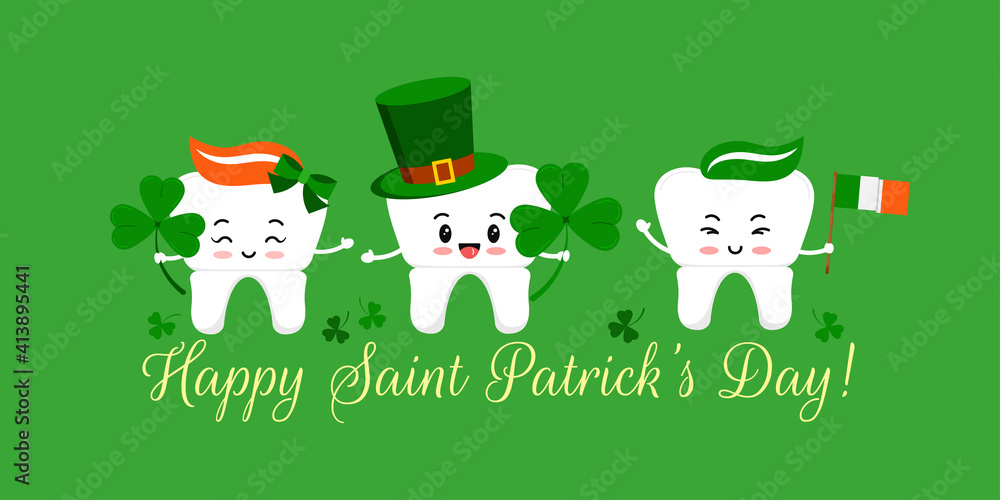 Fototapeta premium St Patrick day tooth in leprechaun hat with clover and irish flag. Dental crown teeth irish character with lucky shamrock on dentist greeting card. Flat cartoon vector Happy paddy's day illustration.