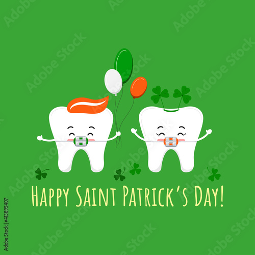 St Patrick day tooth with braces on dentist greeting card. Dental teeth irish character with lucky shamrock and irish colors balloons. Flat design cartoon vector Happy paddy's day illustration.