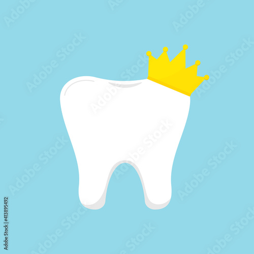 Tooth molar with goldy royal crown icon. Flat design cartoon style vector illustration. White tooth isolated on background. Teeth hygiene, prosthetics and whitening concept award dentistry certificate
