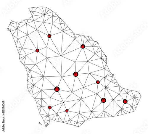 Polygonal mesh lockdown map of Saudi Arabia. Abstract mesh lines and locks form map of Saudi Arabia. Vector wire frame 2D polygonal line network in black color with red locks.