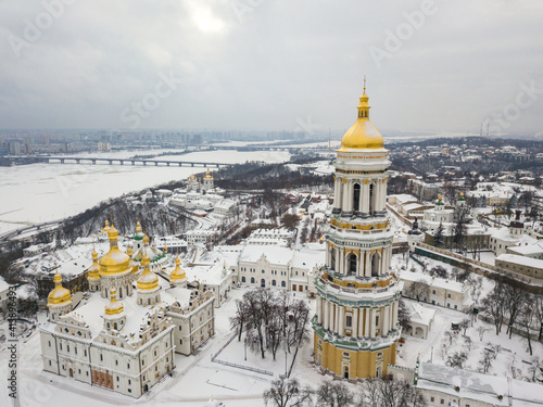 Kiev-Pechersk Lavra. Aerial drone view. Winter snowy morning. photo