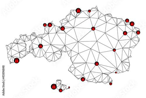 Polygonal mesh lockdown map of Vizcaya Province. Abstract mesh lines and locks form map of Vizcaya Province. Vector wire frame 2D polygonal line network in black color with red locks.