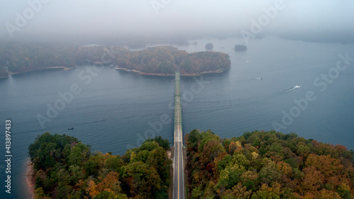 Aerial view of Browns Bridge over Lake Sidney Lanier during foggy weather photo