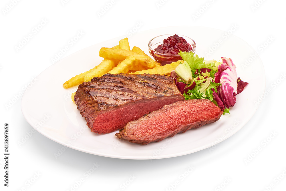 Roasted beef steak with potato fry and mix salad, isolated on white background