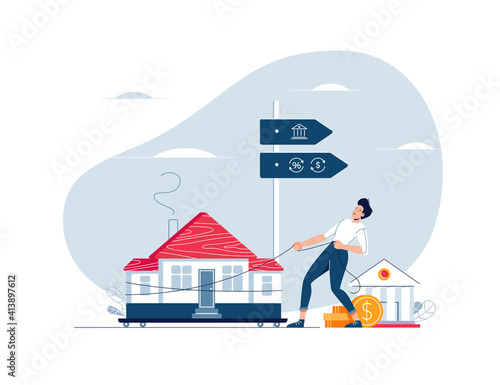 Mortgage refinancing concept. Man carries a home to the bank. Male character draggs a house for loan refunding with getting cash out. Vector illustration isolated on white, cartoon flat design
