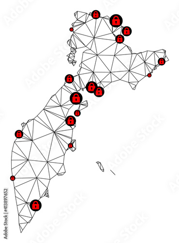 Polygonal mesh lockdown map of Kamchatka Peninsula. Abstract mesh lines and locks form map of Kamchatka Peninsula. Vector wire frame 2D polygonal line network in black color with red locks.
