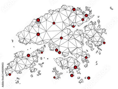 Polygonal mesh lockdown map of Hong Kong. Abstract mesh lines and locks form map of Hong Kong. Vector wire frame 2D polygonal line network in black color with red locks.