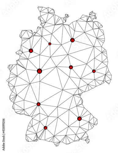 Polygonal mesh lockdown map of Germany. Abstract mesh lines and locks form map of Germany. Vector wire frame 2D polygonal line network in black color with red locks. Frame model for lockdown purposes.