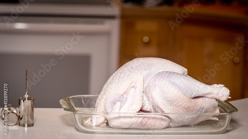 Fotografija Raw turkey waits for its injection before cooking