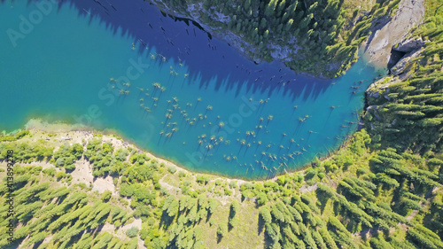 Fototapeta Naklejka Na Ścianę i Meble -  Coniferous trees rise from the depths of a mountain lake. Top view from the drone. On the shore you can see rocks, green forest and grass growing. Kaindy Lake, Kazakhstan. Groups tourists are resting.