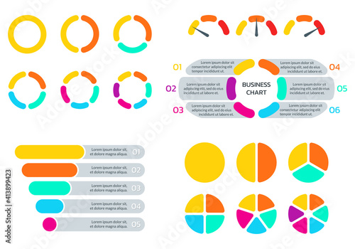 Infographic set with a circle diagram or pie chart, funnel pyramid or marketing cone, speedometer or meter for info graphic. Business process layout with steps or options. Vector illustration.