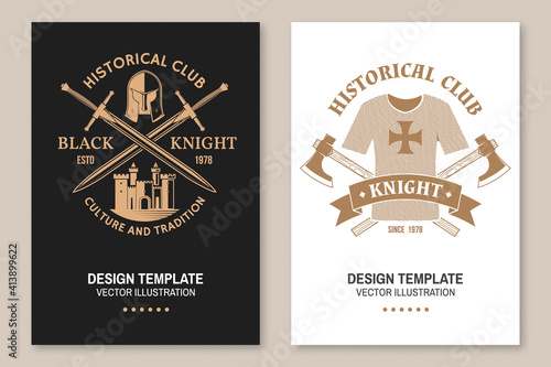 Knight historical club flyer, brochure, banner, poster. Vector Concept for shirt, print, stamp, overlay or template. Vintage design with fortress, knight helmet, battle axe and hauberk silhouette