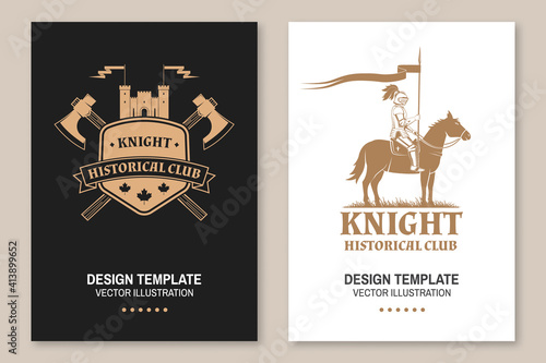 Knight historical club flyer, brochure, banner, poster. Vector Concept for shirt, print, stamp, overlay or template. Vintage design with medieval castle, knight on a horse and shield silhouette.