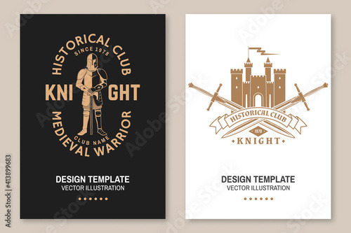 Knight historical club flyer, brochure, banner, poster. Vector Concept for shirt, print, stamp, overlay or template. Vintage typography design with medieval castle, knight and sword silhouette.