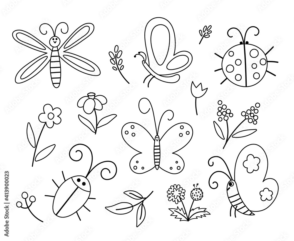 Vector black and white insect and first flower icons pack. Funny spring