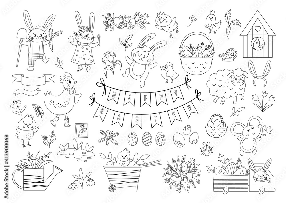 Big black and white collection of design elements for Easter. Vector outline set with cute bunny, eggs, bird, chicks, baskets. Spring funny illustration or coloring page. Adorable holiday icons.
