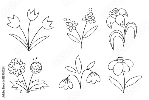 Vector cute black and white spring flowers icons set. First blooming plants outline illustration. Floral clip art collection or coloring page. Tulips, dandelion, snowdrop