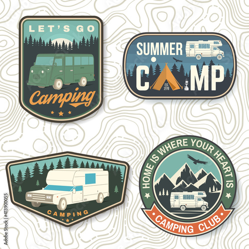 Set of Summer camp patches. Vector Concept for shirt or logo, print, stamp, patch or tee. Vintage typography design with rv trailer, camping tent, forest, mountain silhouette