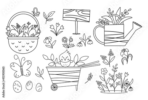 Vector cute black and white garden and Easter icons pack. Wheel barrow, watering can, eggs, first flowers and plants coloring page. Outline spring gardening tool illustration for kids..
