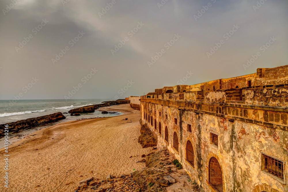 Canons and seaside scenery at a walled fortress in Sale, Morocco